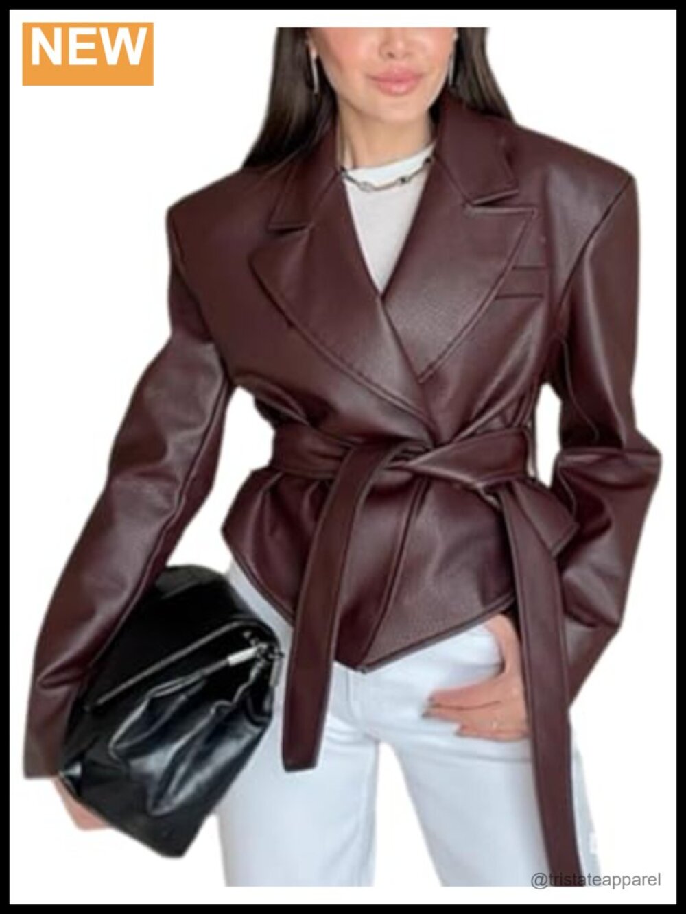 Faux Leather Biker Jacket Women Motorcycle Bomber Blazer Waist Belt Long Sleeve
